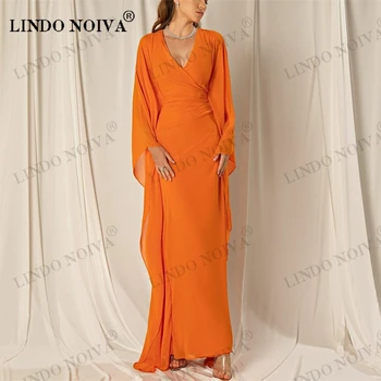 LINDO NOIVA Винтажные шифоновые вечерние платья с V-образным вырезом и рукавами, длинные платья-футляры оранжевого цвета длиной до щиколоток, выпускные платья для женщин 2023 года.