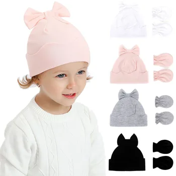 Комплект из 3 шт. детских хлопчатобумажных шапочек и перчаток, однотонная шапочка с бантом, варежки для новорожденных девочек и мальчиков, осенне-зимние теплые детские шапочки