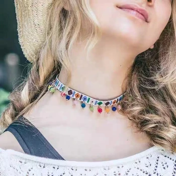 Модное ожерелье с разноцветными шариковыми кисточками, Женское Богемное колье, Ювелирные изделия в этническом стиле, Вязаное Плетеное ожерелье