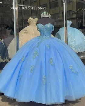 Небесно-голубые Пышные платья Принцессы с Открытыми Плечами, Вечернее платье с Аппликацией из бисера, Кружевные Милые Бальные платья на День рождения для 15 Девочек